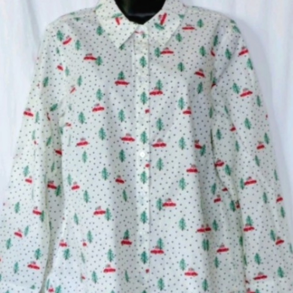 Talbots Holiday Print Long Sleeve Shirt. Red Car, Green Trees & Navy Dots. Large